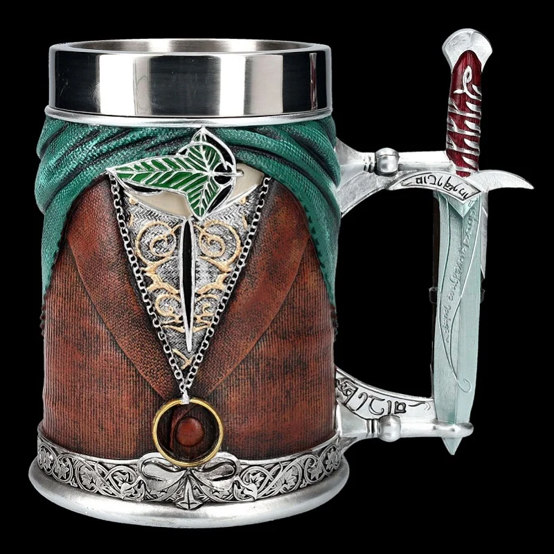 600ml Lord Rings Mug Viking Beer Mugs Large Capacity Resin Stainless Steel Creative Sword Handle Bar Wine Coffee Drinkware Cup